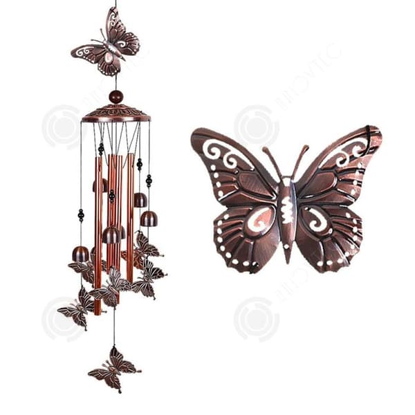 INN Wind Chime 11,2x82 cm Vintage järnmetallklockor med fjäril och boll på toppen Utomhus vindklocka med åttonde kroken