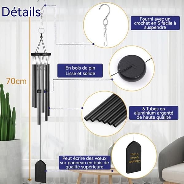 Carillon eolien PASSIONOVA 70 cm Vindspel i trä och metall med krok 6 aluminiumrör Vindspel Carillon à Vent