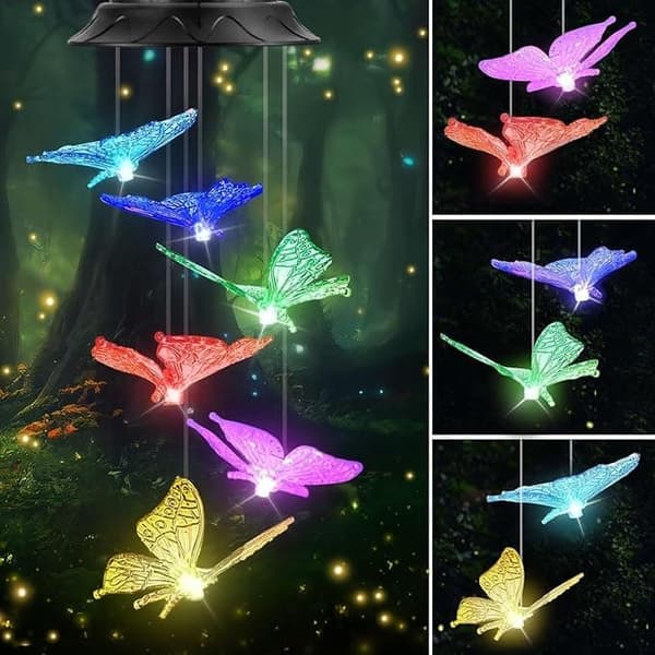 OBOSOE Butterfly aurinkoenergialla toimiva tuulikello – värikäs LED-valaistus, IP44 vedenpitävä sisustus puutarhaan ja terassille