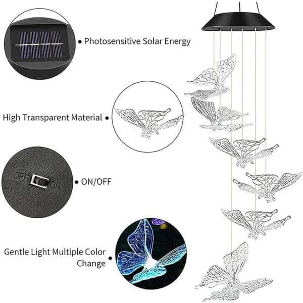 OBOSOE Butterfly aurinkoenergialla toimiva tuulikello – värikäs LED-valaistus, IP44 vedenpitävä sisustus puutarhaan ja terassille