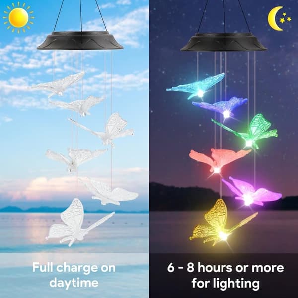 OBOSOE Butterfly aurinkoenergialla toimiva tuulikello – värikäs LED-valaistus, IP44 vedenpitävä sisustus puutarhaan ja terassille