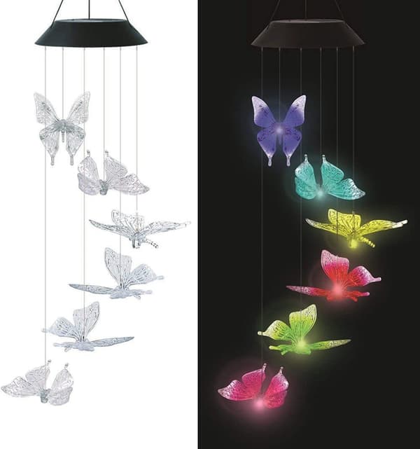 OBOSOE Butterfly aurinkoenergialla toimiva tuulikello – värikäs LED-valaistus, IP44 vedenpitävä sisustus puutarhaan ja terassille