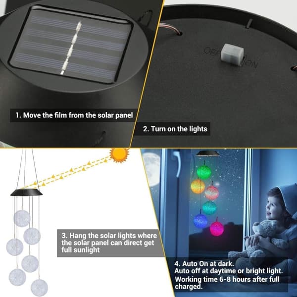 OBOSOE Solcellsdriven Vindspel – 6 LED-ljusbollar med Färgskifte & IP44 Vattentät Design