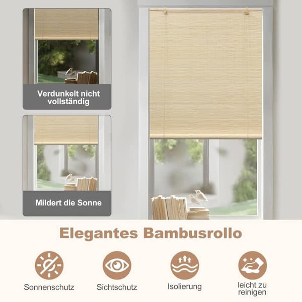 Rootz Bamboo Rullgardin - Solskydd - Synskydd - Hög kvalitet - 60-150 cm x 160-220 cm - Brun, Naturlig, Mörkbrun - Snygg och funktionell