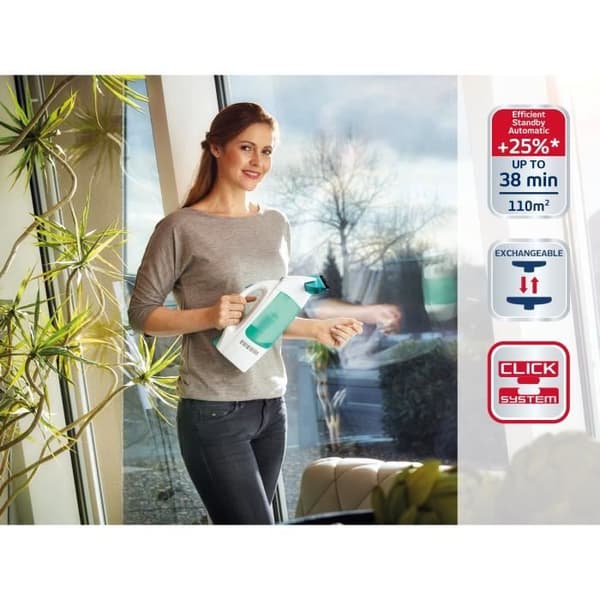 Leifheit Dry & Clean 51003 ikkunaimuri kahvalla ja märkäpyyhkimellä, sarja raidatonta puhdistusta varten, 38 minuutin käyttöaika