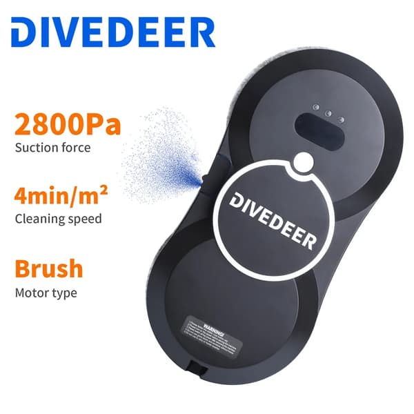 DIVEDEER Vinduespudser Robot, 2800Pa Sugeevne, 4min/m² Rengøringshastighed,Ja, Sprøjt vand sort, EU
