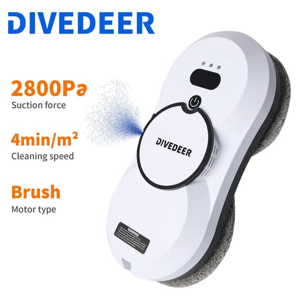 DIVEDEER Vinduespudser Robot, 2800Pa Sugeevne, 4min/m² Rengøringshastighed,Ja, Spray Vand Hvid, EU
