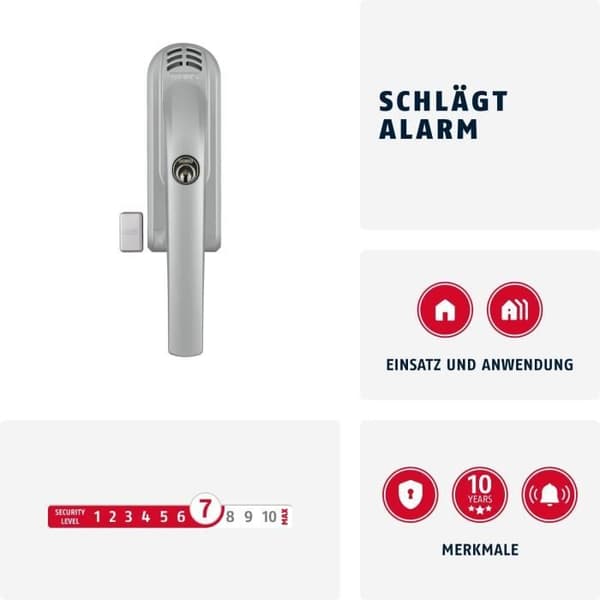 ABUS Fönsterhandtag med Lås FG300A AL0145 - Med Tryckcylinder och Larmfunktion - Säkerhetsnivå 7 - Silver