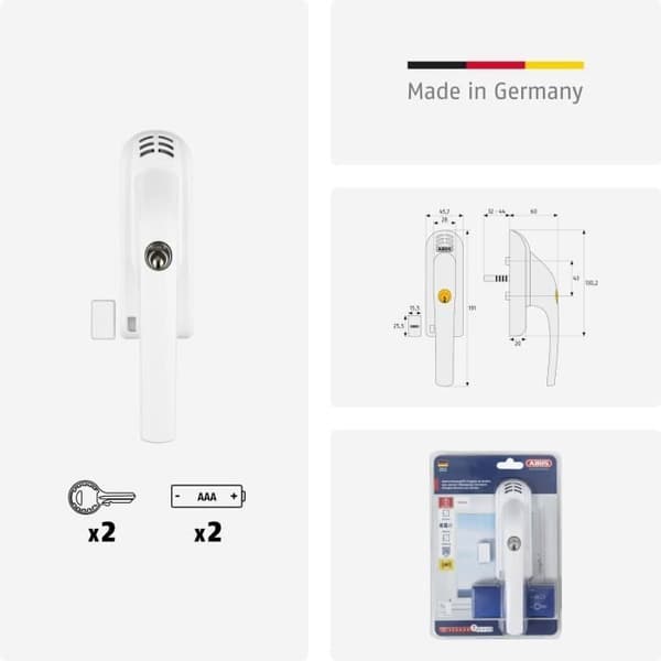 ABUS Fönsterhandtag med lås FG300A AL0145 - Med tryckcylinder och alarmfunktion - Vit