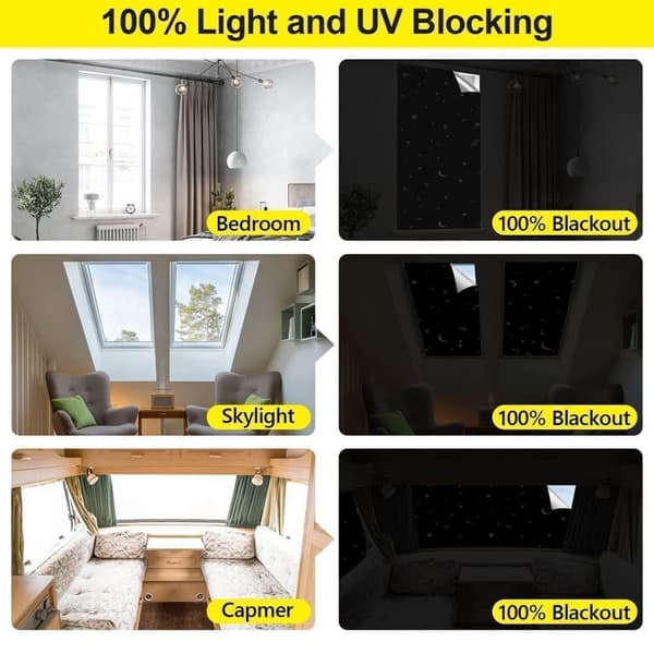 Bärbar 100 % mörkläggningsgardin med sugkoppar, stjärna- och måntryck, UV-skydd för sovrum och fönster