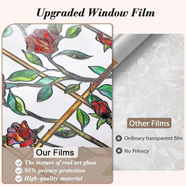 OBOSOE Fönsterfilm 3D Rosmönster – Frostad Statisk Integritetsskyddsfilm Glasfilm med UV-skydd, 44.5x100cm