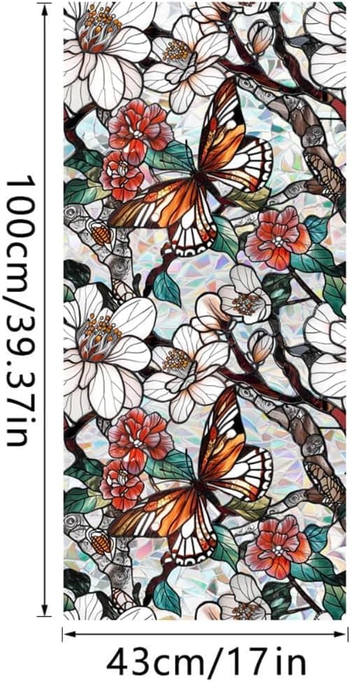 OBOSOE Fönsterfilm med blommor – frostad statisk integritetsskyddsfilm med solskydd, självhäftande glasfilm 43x100 cm
