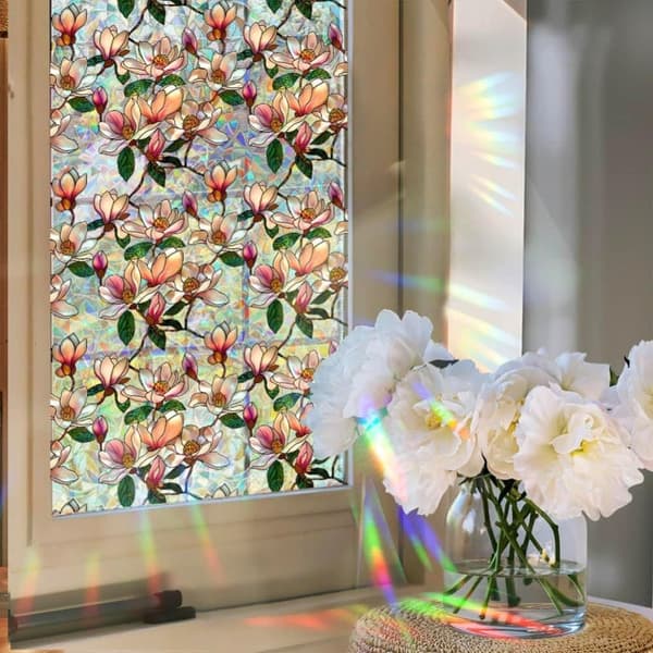 OBOSOE Fönsterfilm med blommor – frostad statisk integritetsskyddsfilm med solskydd, självhäftande glasfilm 43x100 cm