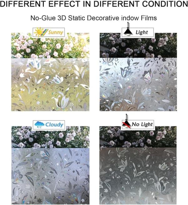OBOSOE 3D Fönsterfilm – Statisk Integritetsskydd 60 x 200 cm, UV-Skydd Självhäftande fönsterfilm, ogenomskinlig