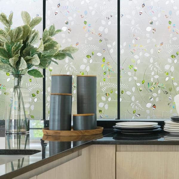 Lollanda Fönsterfilm – 3D-växtmotiv med färgat glas-effekt, dekorativ och insynsskyddande fönsterdekal