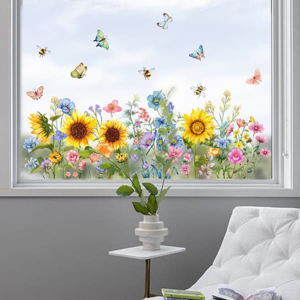 Lollanda Floral Sunflower Window Decal – genanvendelig og nem at installere, dekorativ til glasvinduer