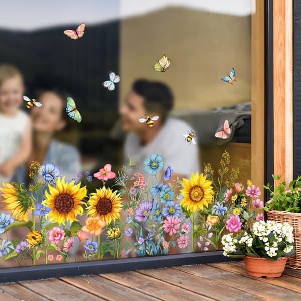 Lollanda Floral Sunflower Window Decal – genanvendelig og nem at installere, dekorativ til glasvinduer