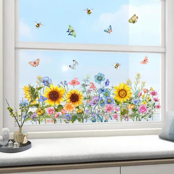 Lollanda Floral Sunflower Window Decal – genanvendelig og nem at installere, dekorativ til glasvinduer