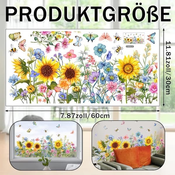 Lollanda Floral Sunflower Window Decal – genanvendelig og nem at installere, dekorativ til glasvinduer