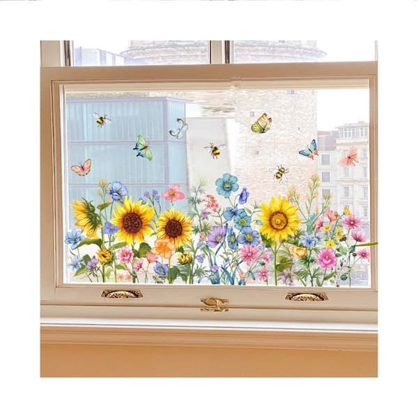 Lollanda Floral Sunflower Window Decal – genanvendelig og nem at installere, dekorativ til glasvinduer