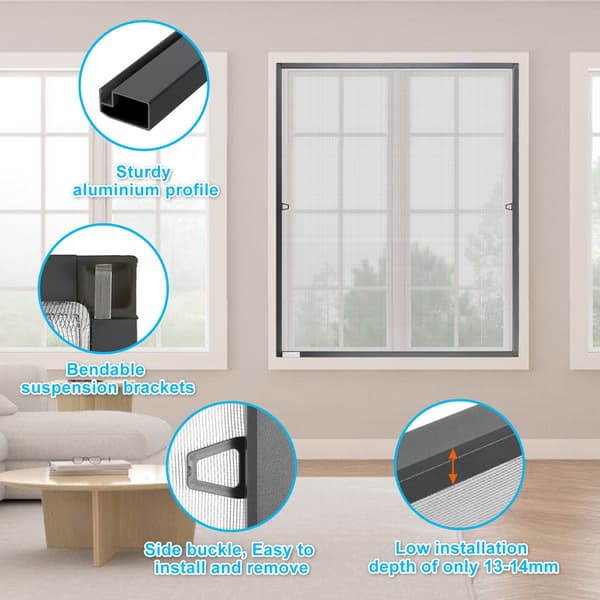 Flugnät insektsskärm fönster 120 x 240 CM aluminiumram myggnät insektsskärm utan borrning svart