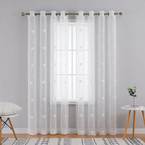 Genomskinlig Blomsterbroderi Gardin, 140x225cm, 2 Paneler,VIT
