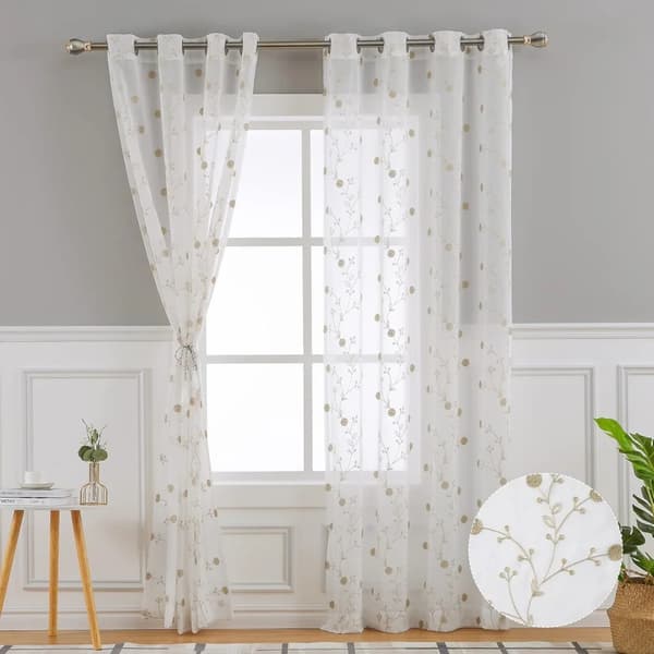 Voile-silmukkaverhot, kukkakirjailu, läpikuultava kangas,2 paneelia, 52x72 tuumaa