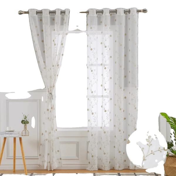 Voile-silmukkaverhot, kukkakirjailu, läpikuultava kangas,2 paneelia, 52x72 tuumaa