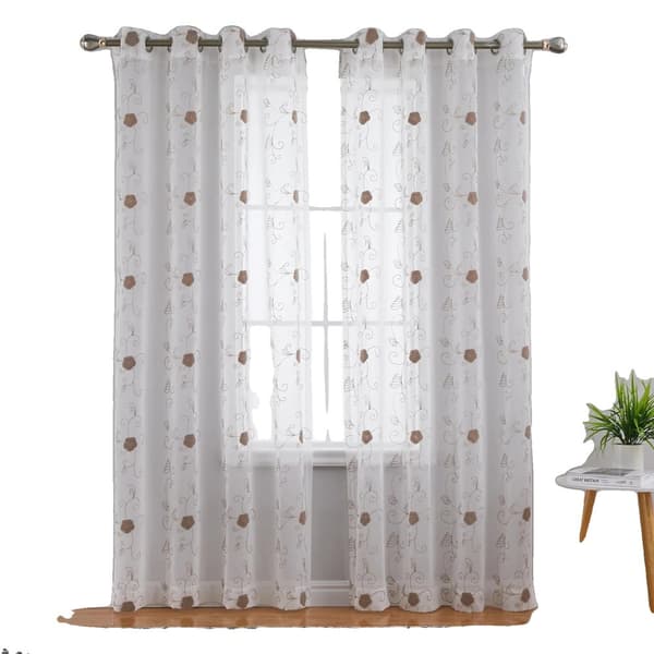 Gennemsigtige Gardiner, Elegant Blomster Mønster, Sollys Filtrering,140CMx245CM, Brun
