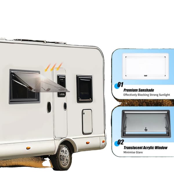 Caravan Udstødningsvindue, 900x500mm Størrelse, 70° Maksimal Åbning, Integreret Solskærm