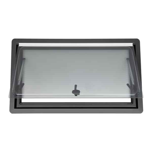 Karavaanien pakoputki-ikkuna, koko 900x500mm, 70° maksimiavaus, integroitu aurinkosuoja