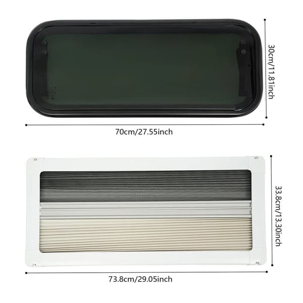 RV Tempered Glass Push Out -ikkuna, pyöristetyt kulmat, 85° avauskulma, sisältää hyttysverkon.