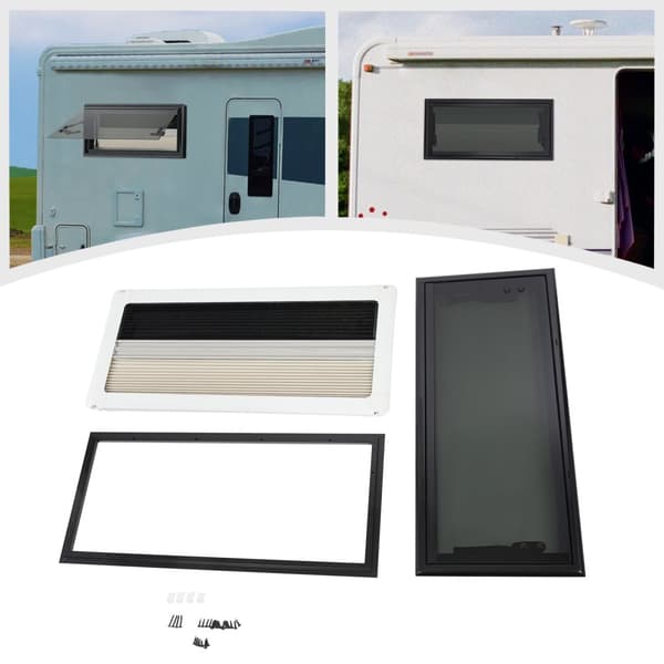 RV Tempered Glass Push Out -ikkuna, pyöristetyt kulmat, 85° avauskulma, sisältää hyttysverkon.