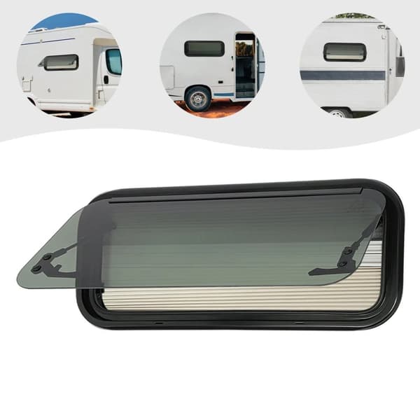 RV Tempered Glass Push Out -ikkuna, pyöristetyt kulmat, 85° avauskulma, sisältää hyttysverkon.