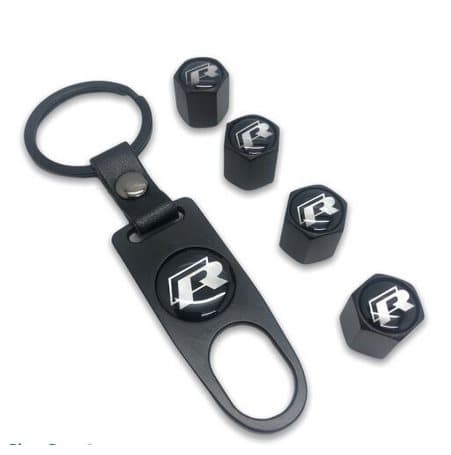 VW Volkwagen Rline R Line Set of 4 Black Car Tyre Air Dust Valve Stem Cap With Keyring Locking Tool