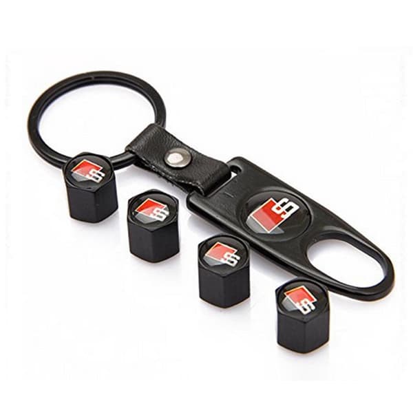 Audi Sline S Line Set of 4 Black Car Tyre Air Dust Valve Stem Cap With Keyring Locking Tool