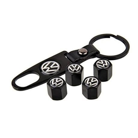 VW Volkwagen Set of 4 Black Car Tyre Air Dust Valve Stem Cap With Keyring Locking Tool
