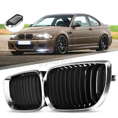 Pair Front Kidney Grill Grille Chrome Black For BMW E46 3 Series 4DR 2002-2005