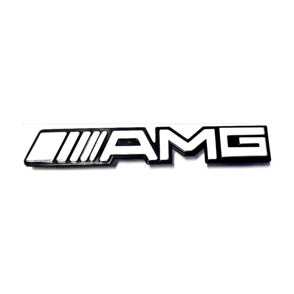 Silver Chrome AMG Mercedes Benz Grill Badge Emblem With Black Background (195mm x 15mm)