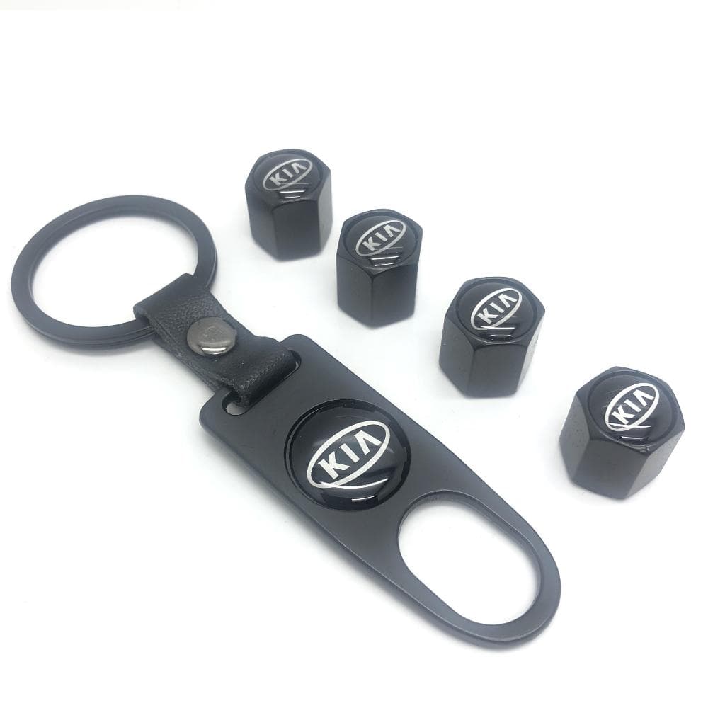 Kia Set of 4 Black Car Tyre Air Dust Valve Stem Cap With Keyring Locking Tool
