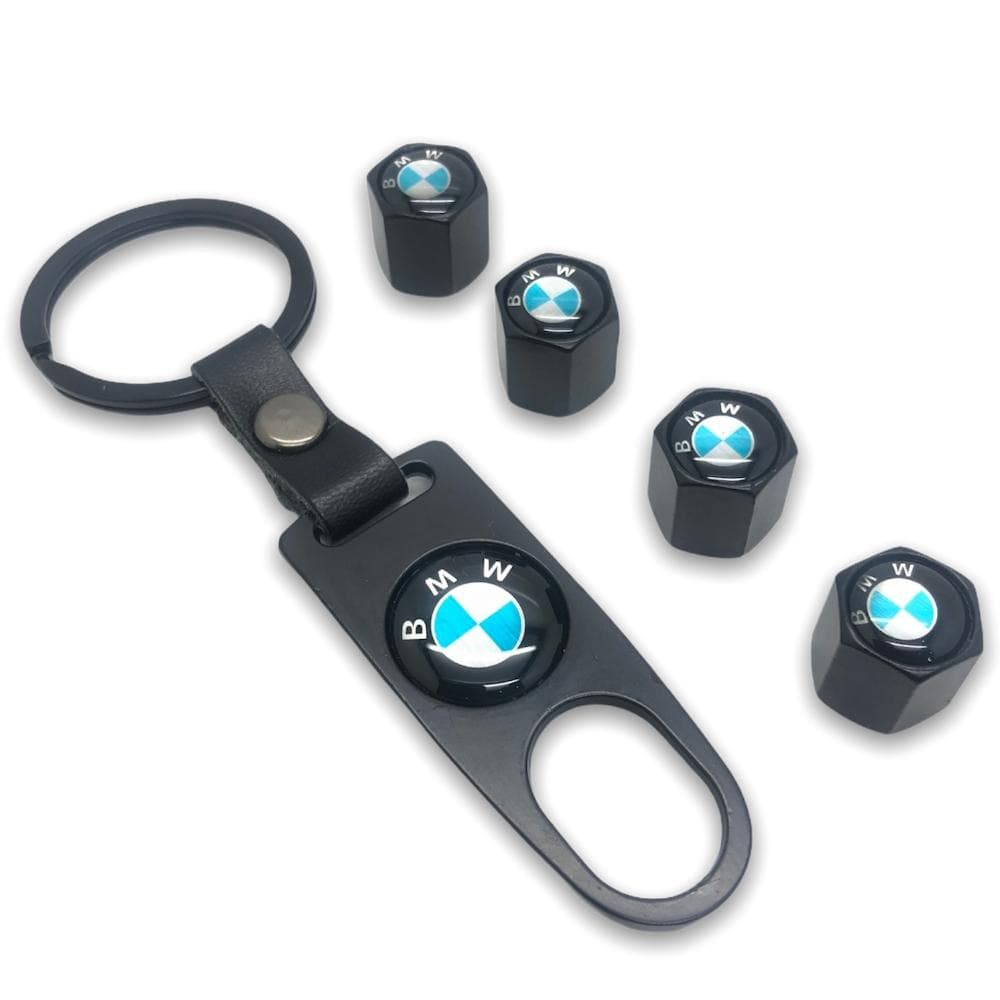 BMW Blue Set of 4 Black Car Tyre Air Dust Valve Stem Cap With Keyring Locking Tool
