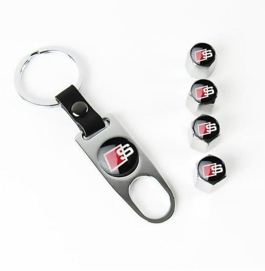 Audi Sline S Line Set of 4 Chrome Car Tyre Air Dust Valve Stem Cap With Keyring Locking Tool