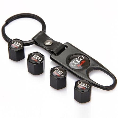 Audi Rings Set of 4 Black Car Tyre Air Dust Valve Stem Cap With Keyring Locking Tool