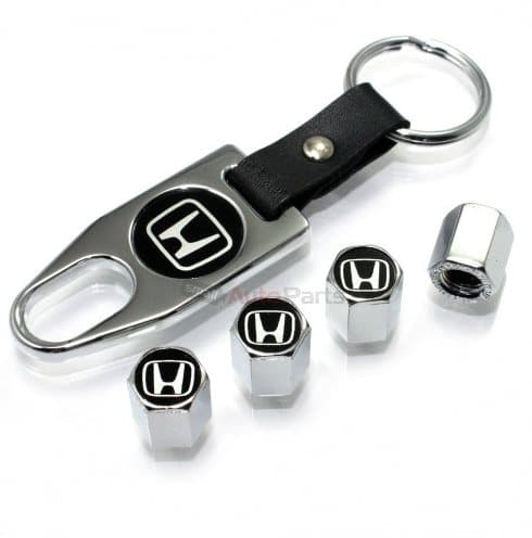 Honda Set of 4 Chrome Black Car Tyre Air Dust Valve Stem Cap With Keyring Locking Tool