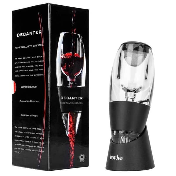 Vinluftare och karaff, svart, med stativ, för rött vin