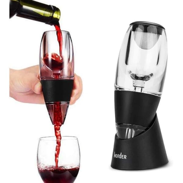 Vinluftare och karaff, svart, med stativ, för rött vin