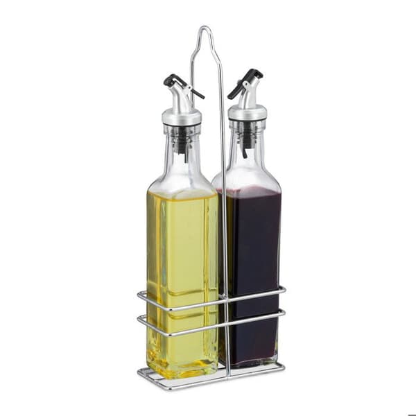 Relaxdays Set olja vinäger, glasflaskor 300 ml, hällpip, sås, vinaigrette, 2x distributörer, transparent