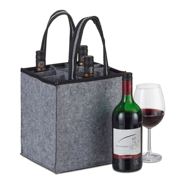 Relaxdays Väskor för behållare, 9 flaskor, Dryckeshållare, för vin, öl, pant, samlare, 45x24x24 cm, grå