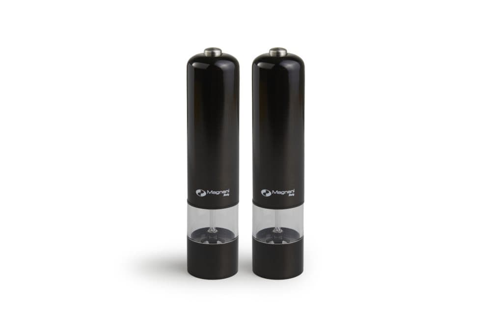 MAGNANI Elektrisk Salt- och Pepparkvarn Set, Kryddkvarn i Rostfritt Stål, Elegant Kvarnset med 4 x AA Batterier, Fin eller Grov Malning, 22 x Ø 5 cm