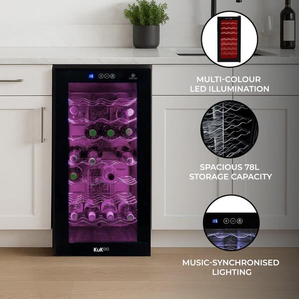 Oriva Vinkyl 78L | Plats för 28 flaskor | Flerfärgad LED med musiksynk | Digital kontroll | Termoelektrisk kylning 8–18 °C | Fjärrkontroll | Tyst, kom
